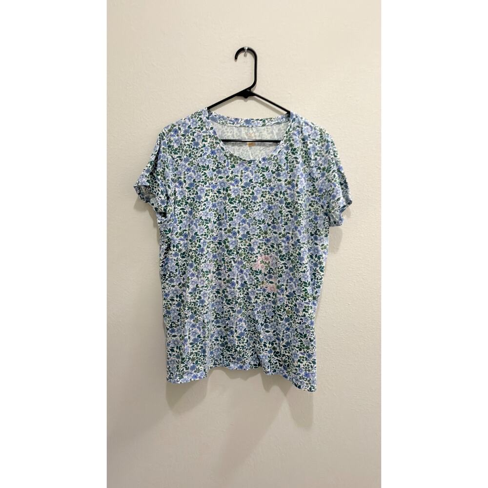 Blue Mountain Cobalt Blue & Green Floral Scoop Neck Tee - XL Preowned